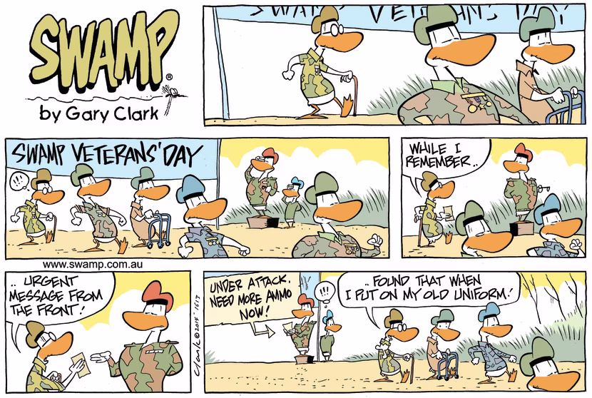 At Swamp Veterans Day a retired Army Duck finds an old message in his uniform and hands it to Army Sergeant. Swamp Cartoon - Swamp Veterans DayMarch 12, 2023